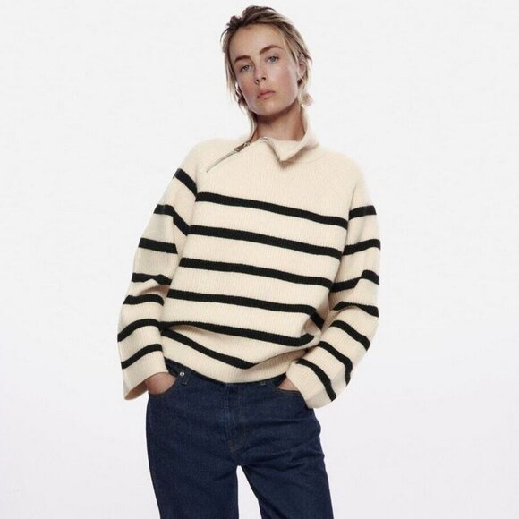 Zara Sweaters - Zara Zippered Striped Knit Sweater size L